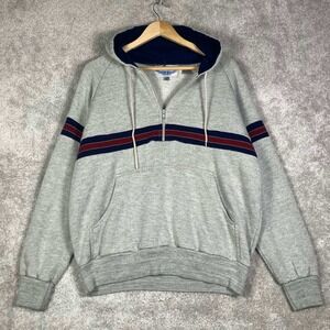 Vintage 80s Retro ATP Mens Quarter Zip Hoodie Gray Striped Raglan Pullover Large
